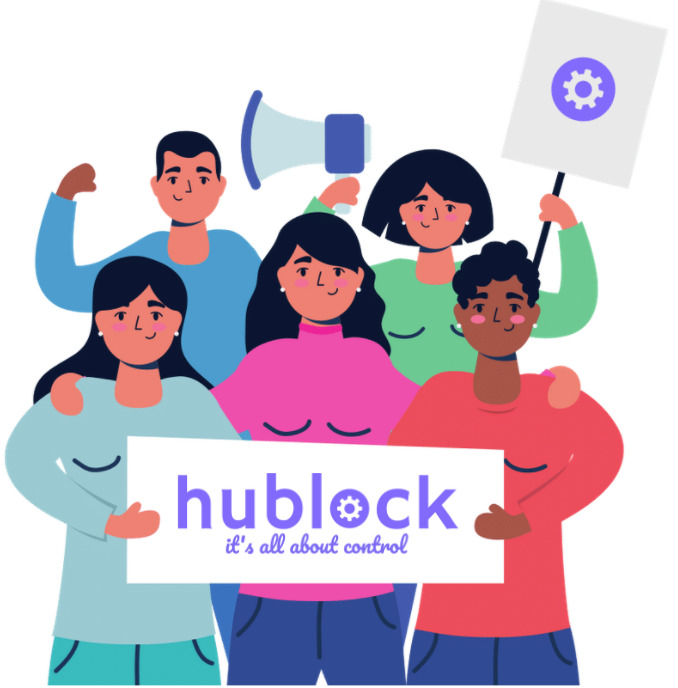 Animated picture of a team holding a sign: "Hublock"