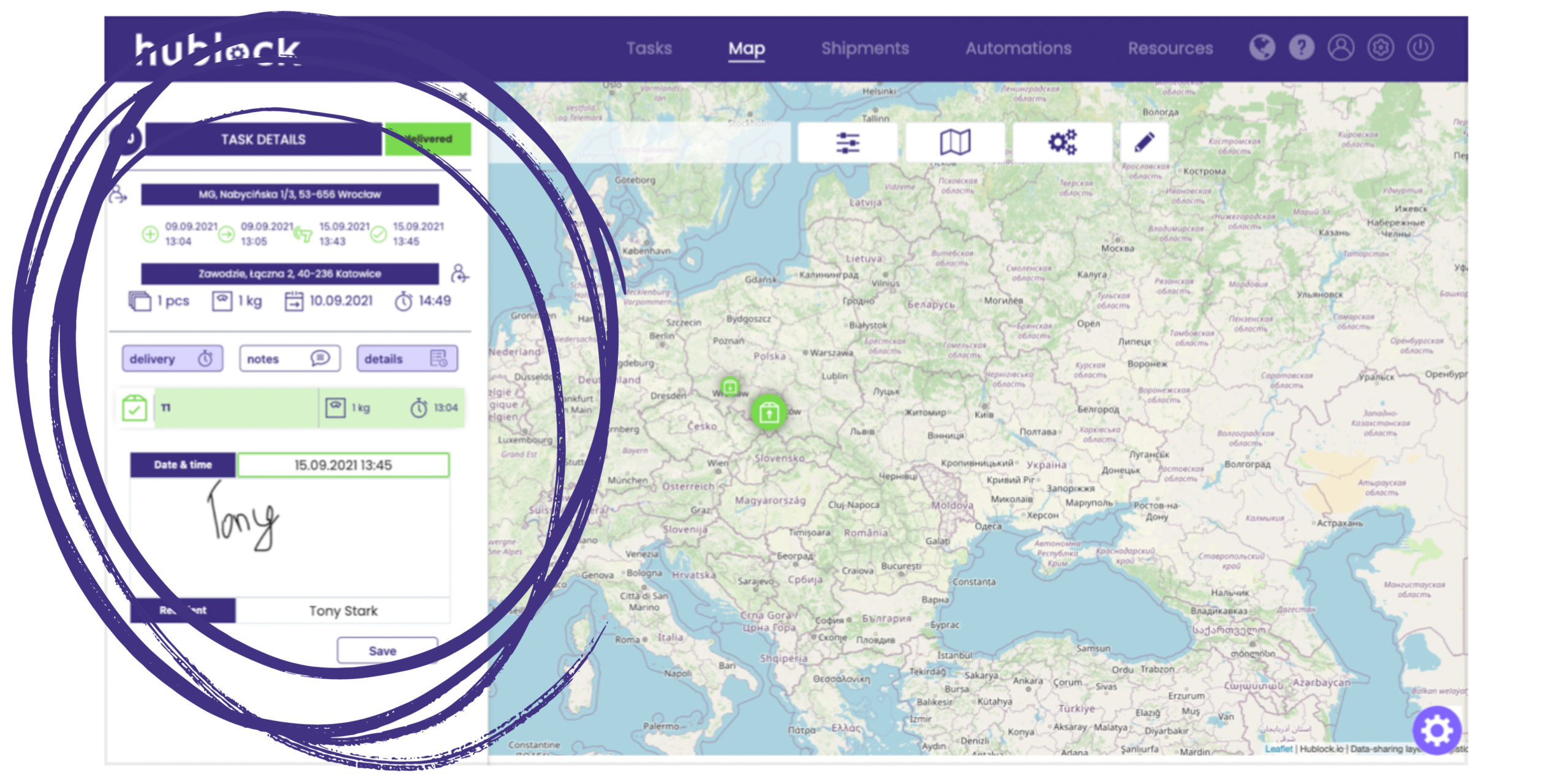 Screenshoot from our platform- side bar and map.